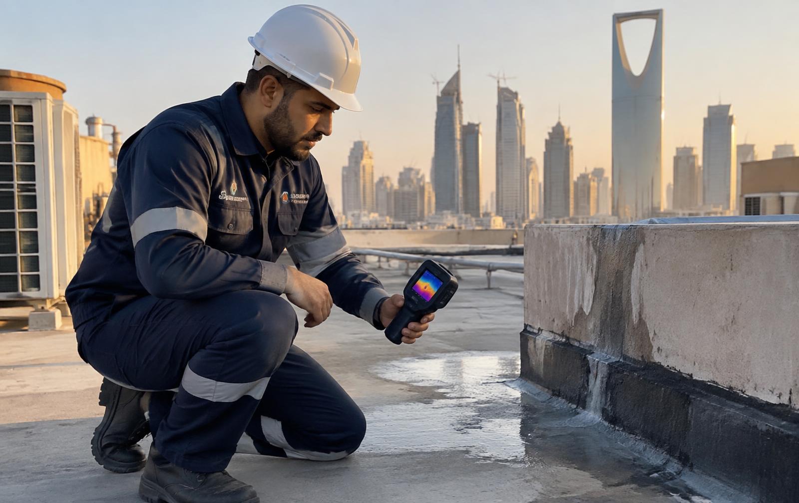 فني كشف تسربات المياه بالرياض أثناء فحص سطح مبنى